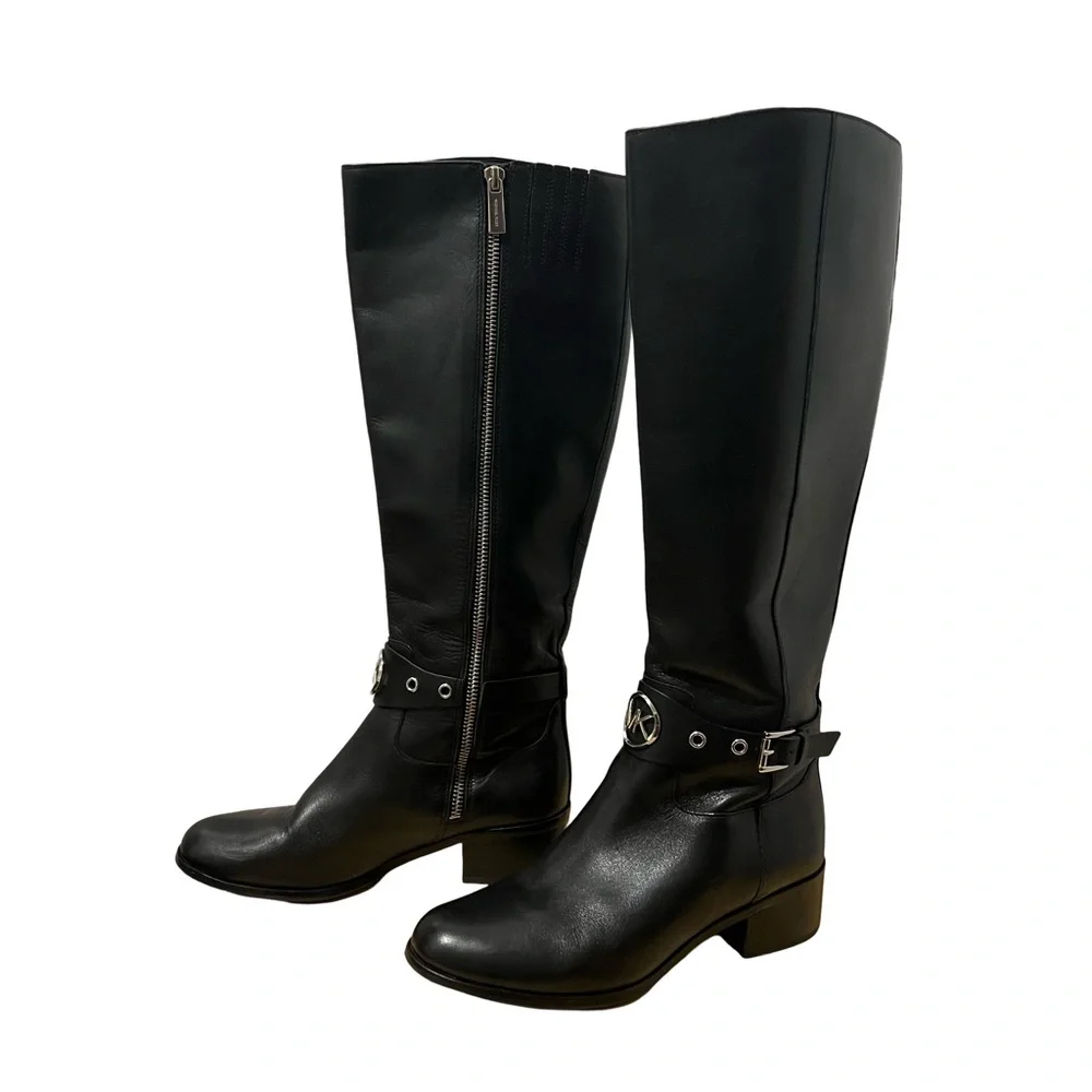 Michael Kors Tall Black Leather Boots size 6 silver hardware - Picture 1 of 9